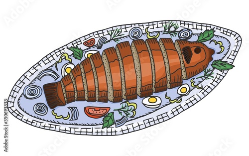 fried fish stuffed on a plate. doodle sketch