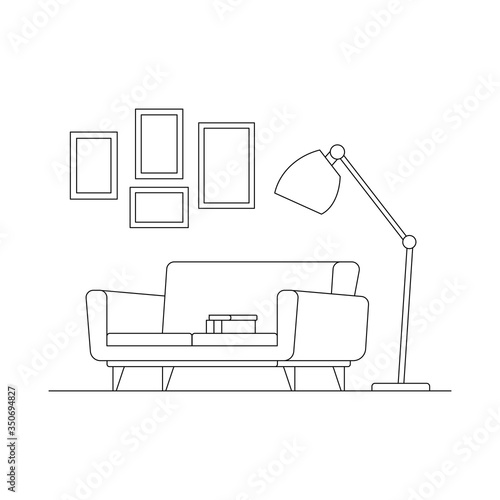 Cozy linear living room interior vector scene.