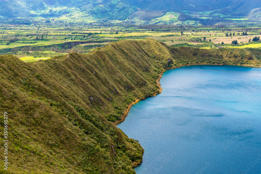Landscape along the hike around the Cuicocha volcanic crater Lake near Otavalo and Quito, Ecuador.