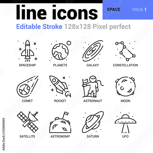 Space line icons set - Editable Stroke, Pixel perfect thin line vector icons for web design and website application.