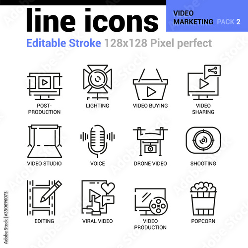 Video Marketing line icons - Editable Stroke, Pixel perfect thin line vector icons for web design and website application. Suitable for print, symbols, apps, infographics.