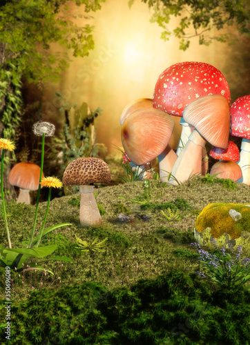 Magical fairy forest opening with mushrooms in the foreground
