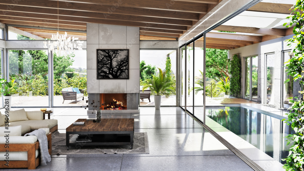 Modern architecture meets rustic accents with this interior, exterior