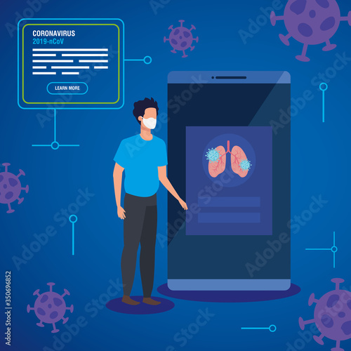man searching 2019 ncov information online in smartphone vector illustration design