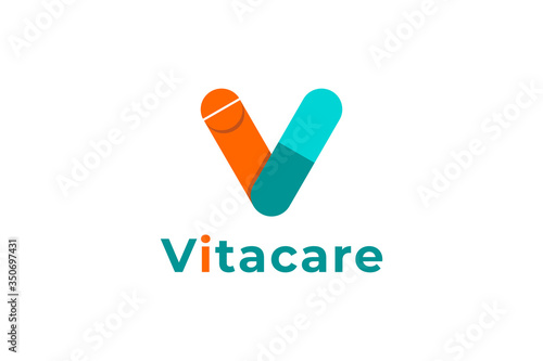 Abstract Initial Letter V Logo. Orange Blue Linear Rounded with Medicine Icon Combination. Usable for Business and Healthcare Medical Logos. Flat Vector Logo Design Template Element.