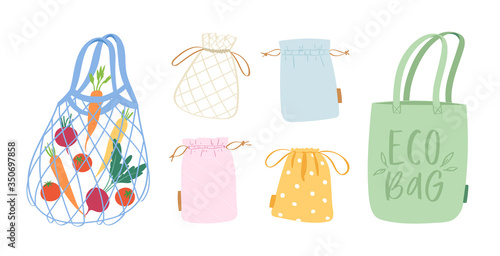 Set of mesh, net and textile tote bags for shopping, storage for eco friendly living. Vegan zero waste lifestyle concept. Colorful hand drawn trendy shoppers vector illustration. Say NO to plastic!