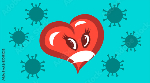 Symbolic masked heart and coronavirus. Danger of kisses and loving hugs during a pandemic. Vector cartoon illustration.