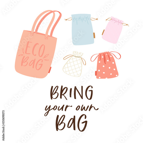 Set of Zero Waste recycle and reusable products with lettering quote. Go green, eco style, no plastic, save the planet objects for home, shopping and cosmetics. Durable vector postcard, print, card
