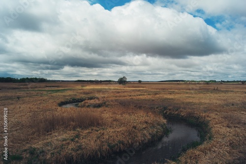 Rzeka wśród trzcin, chmury, błękitne niebo, Polska, Podlaskie Europa © Mateusz Czarniecki