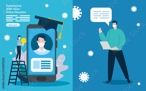set scenes of education online for 2019 ncov vector illustration design