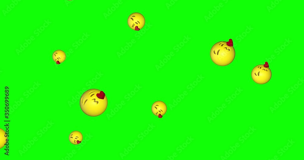 Rain of emojis blowing kiss falling on green screen background. Romantic emoticons flying in chroma key. Valentine's day concept. Kissing face with heart. Social Media symbol. Rain of emojis blowing kiss falling on green screen background. Romantic emoticons flying in chroma key. Valentine's day concept. Kissing face with heart. Social Media symbol.