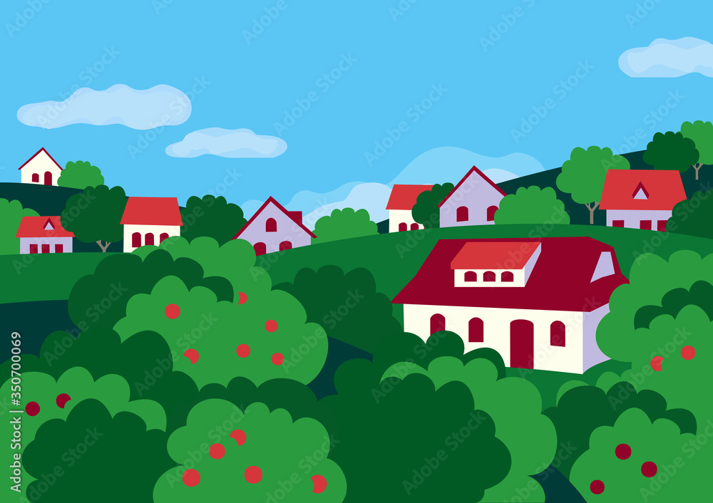 Summer country village landscape flat color vector