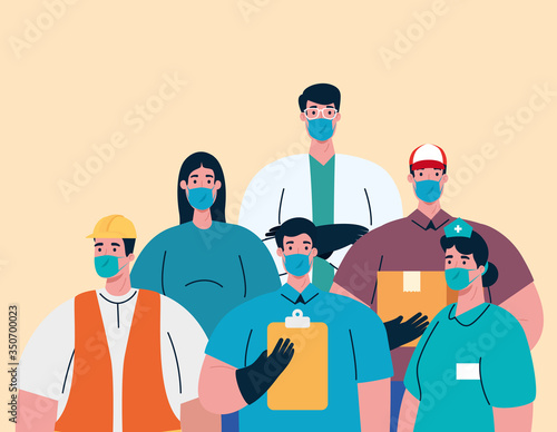 workers group using medical masks for covid 19 pandemic vector illustration design