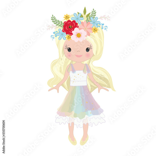 Vector Illustration Beautiful Cute Little Girl. Elegant adorable girl with long hair in a multi-colored dress. unicorn horn