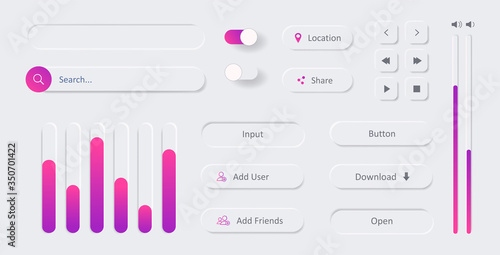 White web ui design elements set. Buttons, search bar, slider, drop-down, switches and other. A beautiful and minimalist collection white universal elements UI, UX, KIT for browser or App. Vector