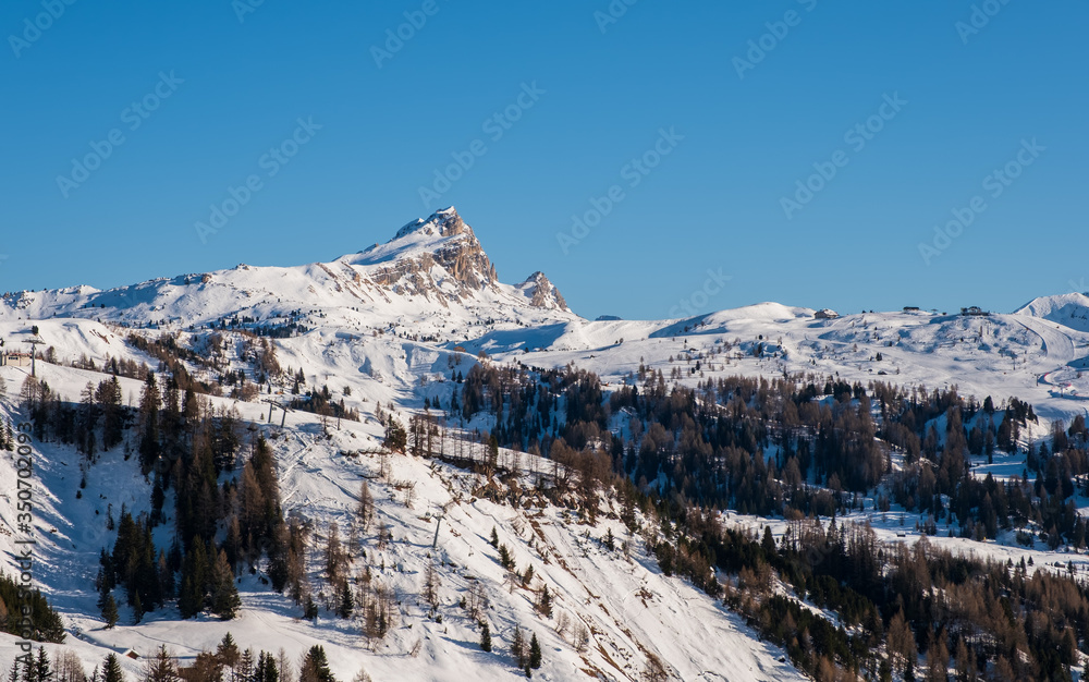 Alta Badia in Dolomites, mountains view. January 2020, sunny winter day