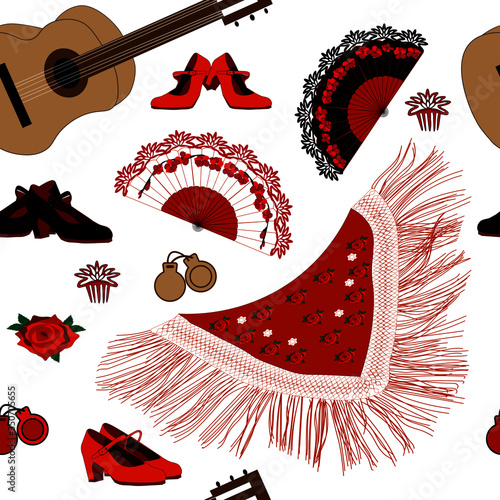Flamenco seamless pattern with fans,  castanets, combs, guitars, shawls, roses and shoes.
