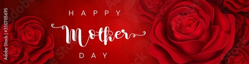 card or banner for "happy mothers day" in white with red roses on each side on a red background