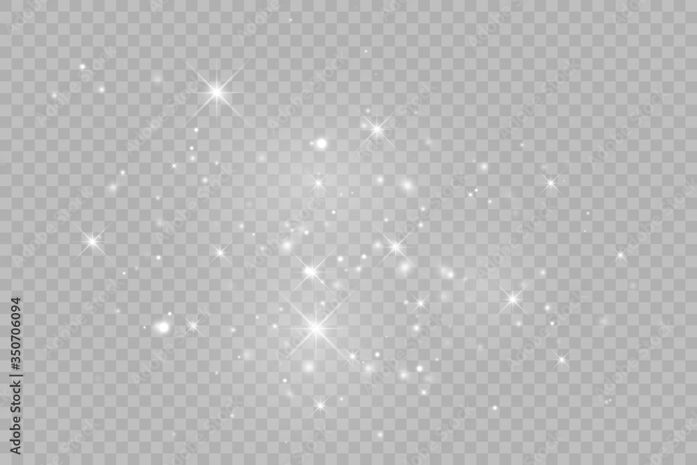Dust white. White sparks and golden stars shine with special light. Vector sparkles on a transparent background. - obrazy, fototapety, plakaty 