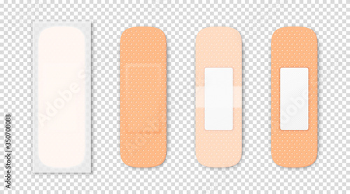 Vector 3d Realistic Medical Patch Icon Set Closeup Isolated on Transparent Background. Design Template Adhesive Bandage Elastic Medical Plasters. Front and Back Side View