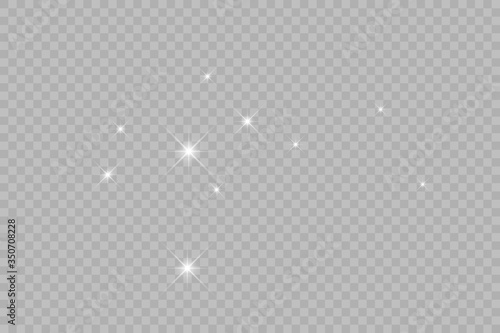 Dust white. White sparks and golden stars shine with special light. Vector sparkles on a transparent background.