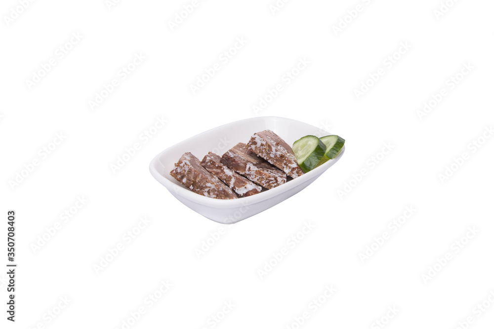 Kavurma. Kavurma in white plate on white background. Breakfast menu. Turkish kavurma Kavurma. Kavurma in white plate on white background. Breakfast menu. Turkish kavurma