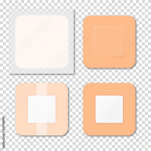 Vector 3d Realistic Medical Patch Icon Set Closeup Isolated on Transparent Background. Design Template Adhesive Bandage Elastic Medical Plasters. Front and Back Side View