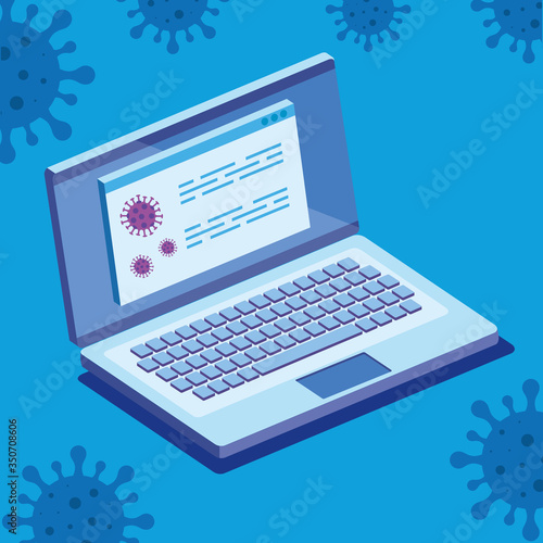 searching covid 19 information online in laptop computer vector illustration design