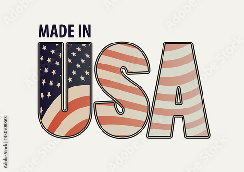 Vector banner with the letters USA in the colors of the American flag and the words Made in USA isolated on a light background. Suitable for t-shirt design, poster, postcard, flyer, design element
