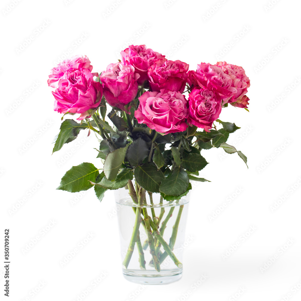 Obraz premium Bouquet of red roses in a glass vase on a white background.