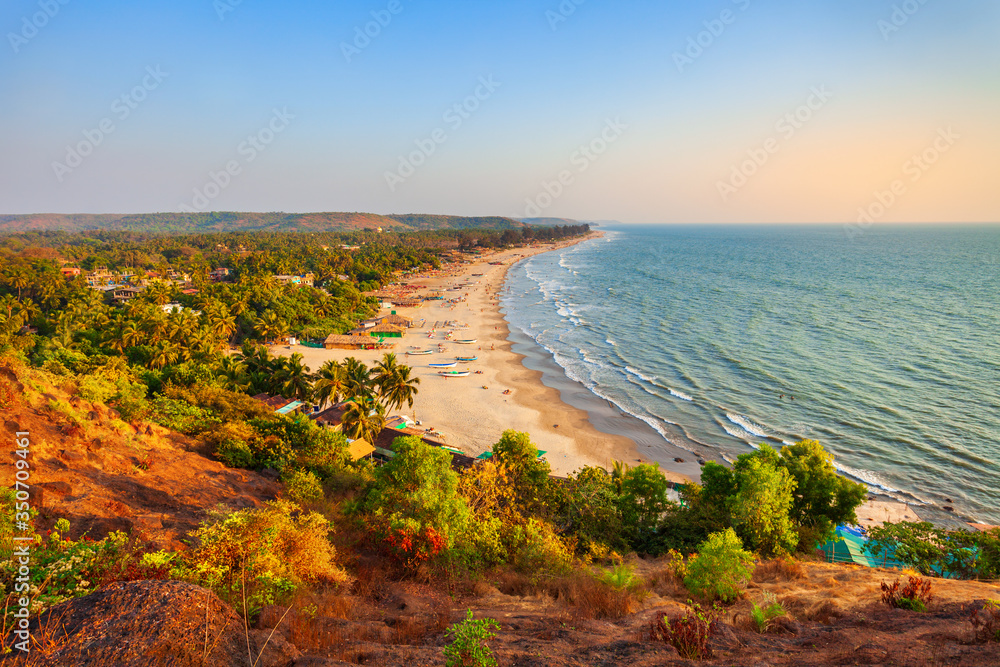 Arambol beach aerial panoramic view, Goa - obrazy, fototapety, plakaty 