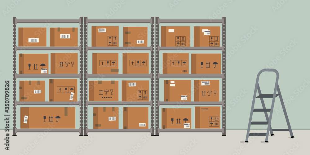Warehouse. Storage. Shelvings with cardboard boxes. Warehouse racks. There is also step ladder in the picture. Vector flat illustration Warehouse. Storage. Shelvings with cardboard boxes. Warehouse racks. There is also step ladder in the picture. Vector flat illustration