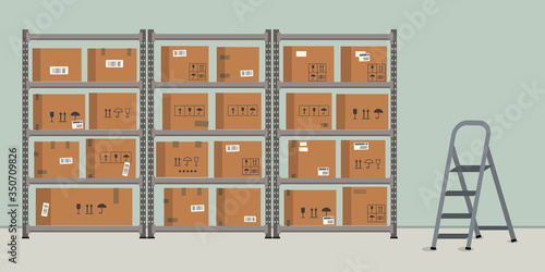 Warehouse. Storage. Shelvings with cardboard boxes. Warehouse racks. There is also step ladder in the picture. Vector flat illustration