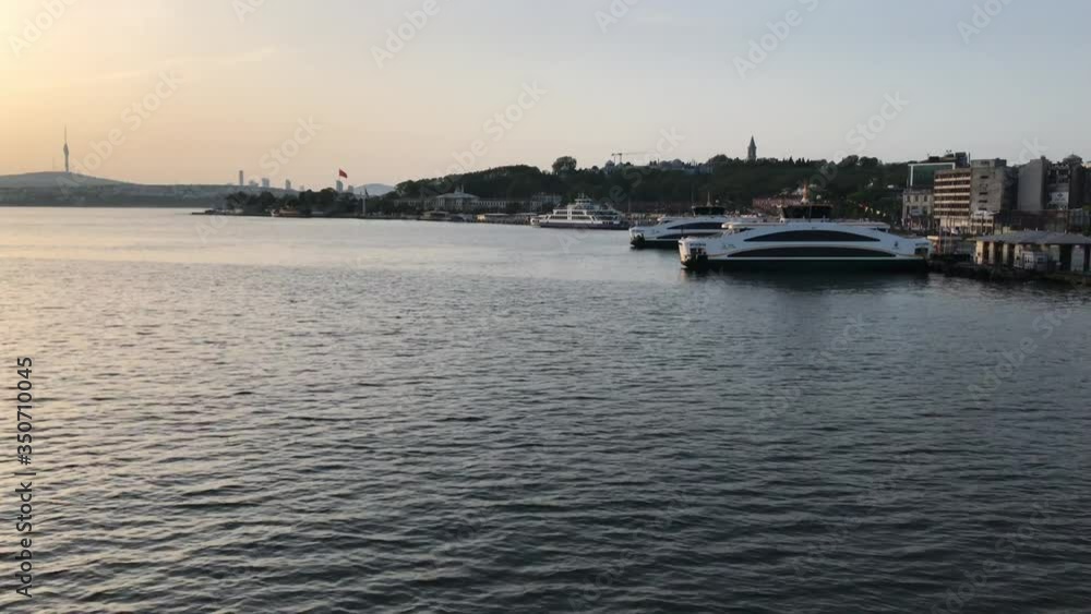 Istanbul, Turkey - May 19, 2020: Eminönü at sunrise in the morning. Istanbul, Turkey - May 19, 2020: Eminönü at sunrise in the morning.