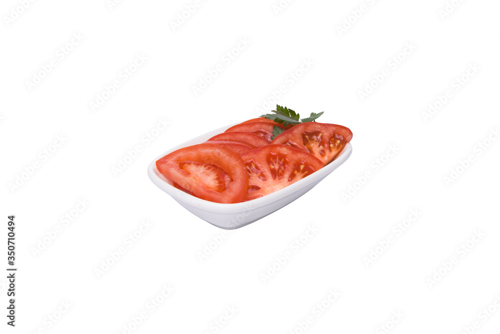 Slice tomato. Tomato in white plate on white background. Breakfast menu. Tr - dilim domates Slice tomato. Tomato in white plate on white background. Breakfast menu. Tr - dilim domates