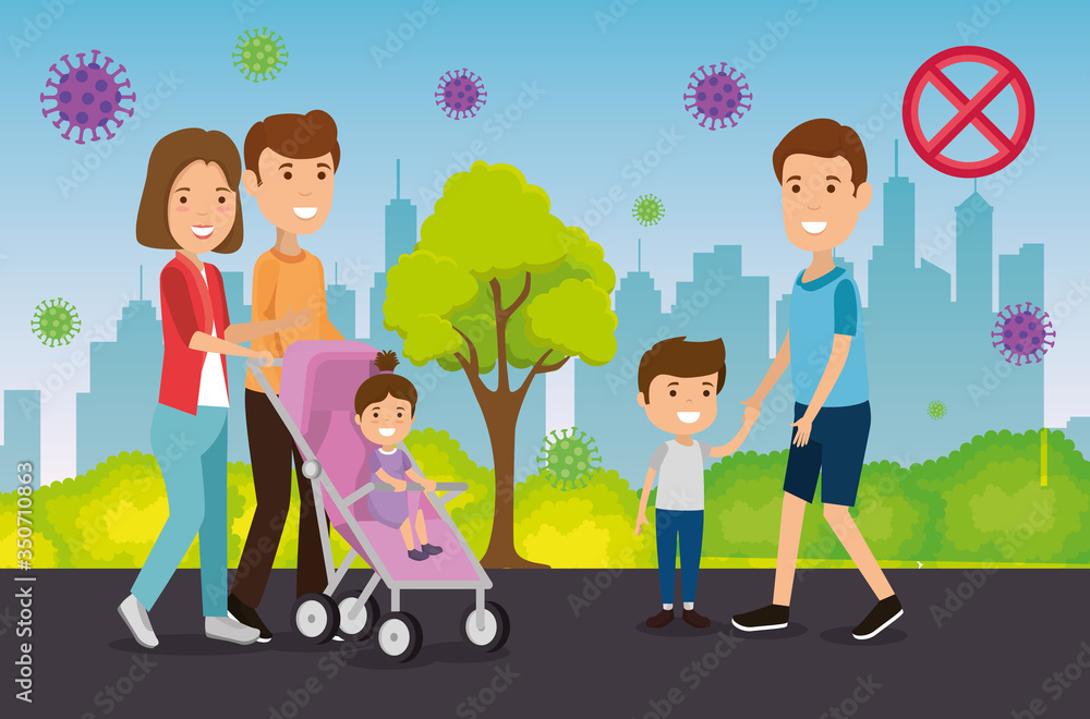 Fototapeta premium parents with children using face mask in landscape vector illustration design