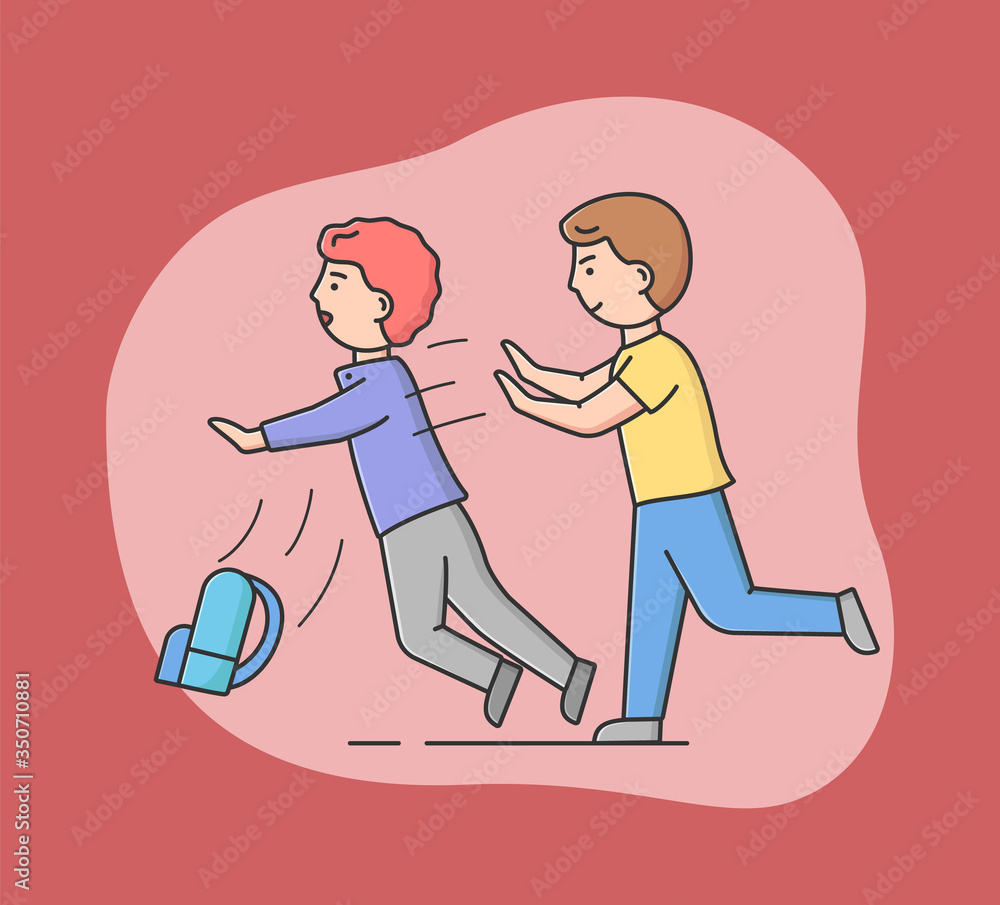 Concept Of Communication Precautionary Measures Between Students At School. Young Boys Play On Break. Boy Pushing His Friend Putting Him In Danger. Cartoon Linear Outline Flat Vector Illustration Concept Of Communication Precautionary Measures Between Students At School. Young Boys Play On Break. Boy Pushing His Friend Putting Him In Danger. Cartoon Linear Outline Flat Vector Illustration
