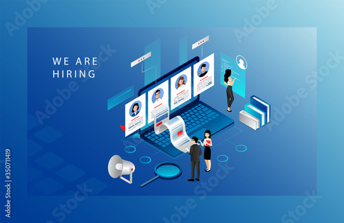 Isometric Recruitment Agency Concept. Tiny HR Specialists Choose Candidates For Job, Searching CV. Website Landing Page. Employers Searching For Professional Stuff. Web Page 3d Vector Illustration