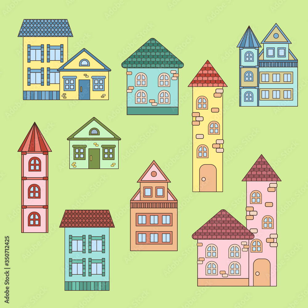 Colorful houses, isolate on a green background