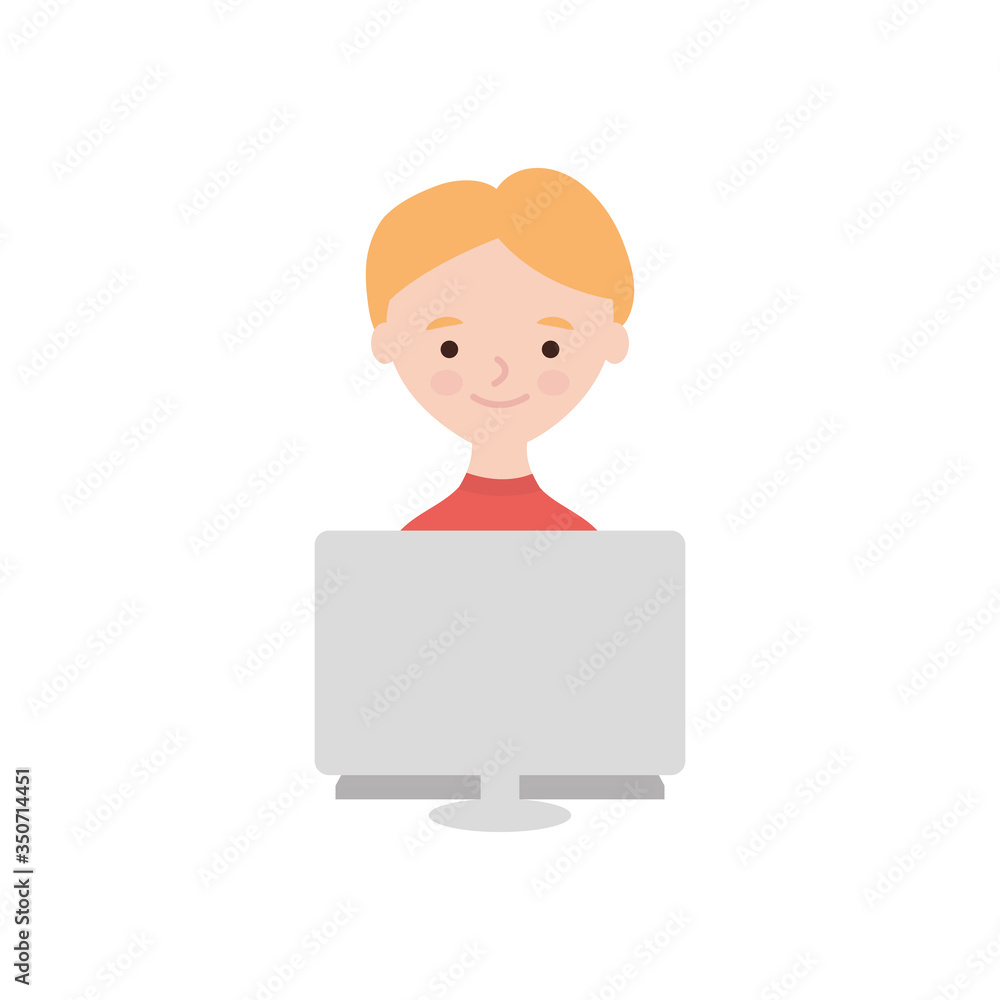 Stay home concept, cartoon man using a computer, flat style Stay home concept, cartoon man using a computer, flat style
