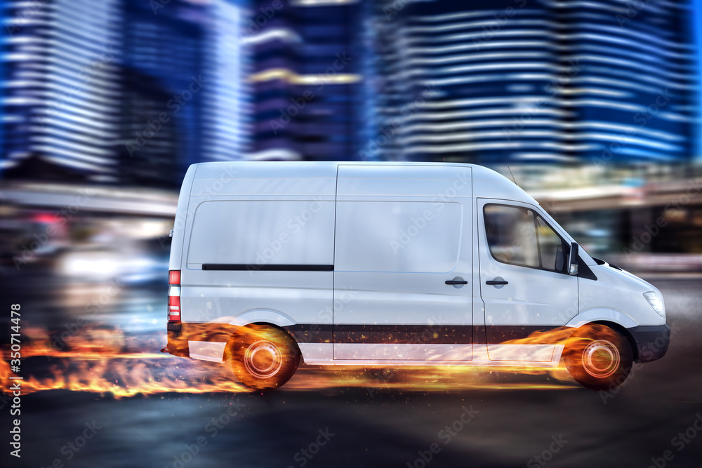 Super fast delivery of package service with van with wheels on fire. Super fast delivery of package service with van with wheels on fire.