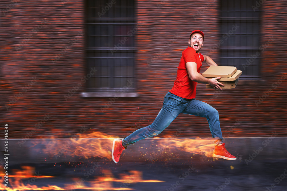 Courier runs fast to deliver quickly pizzas with fiery feet. Cyan background - obrazy, fototapety, plakaty 