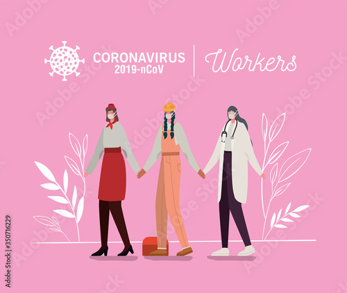 Women avatars with medical masks and uniforms vector design