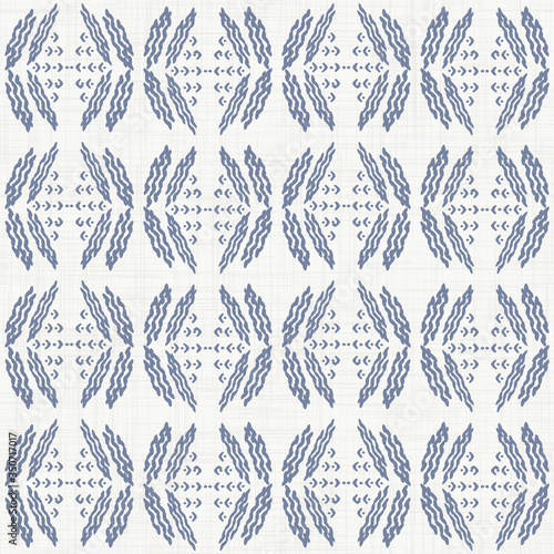 
Seamless leaf damask pattern in french blue linen shabby chic style. Hand drawn country leaves texture. Rustic woven background. Kitchen home decor textile. Simple farmhouse motif all over print.