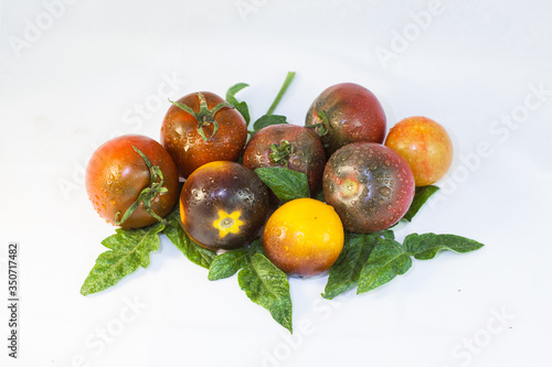 Exotic homegrown tomatoes with leaves isolated