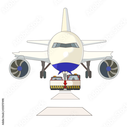 Pushback tug is pulling an airplane on white isolated background, vector illustration for prints, posters and elements of design, concept of Airport Daily Routine, Civil Aviation or Ground Facilities.