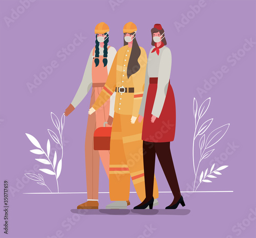 Women avatars with medical masks and uniforms vector design