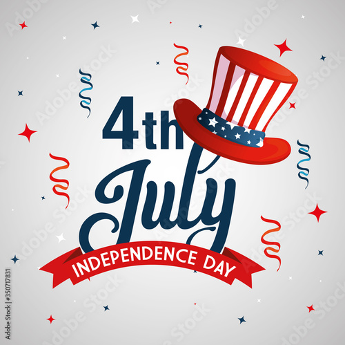 4 of july happy independence day with top hat and decoration vector illustration design