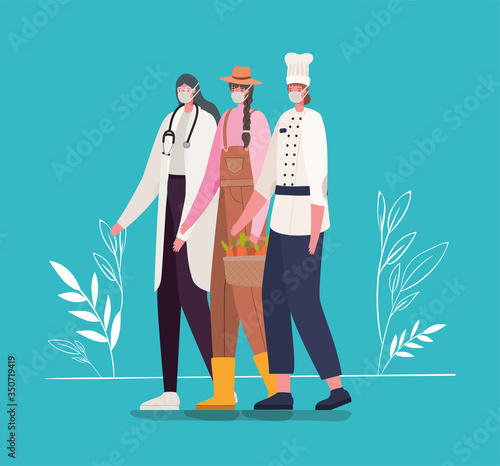 Women avatars with medical masks and uniforms vector design