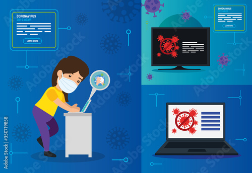 set banners of campaign of stop 2019 ncov online vector illustration design